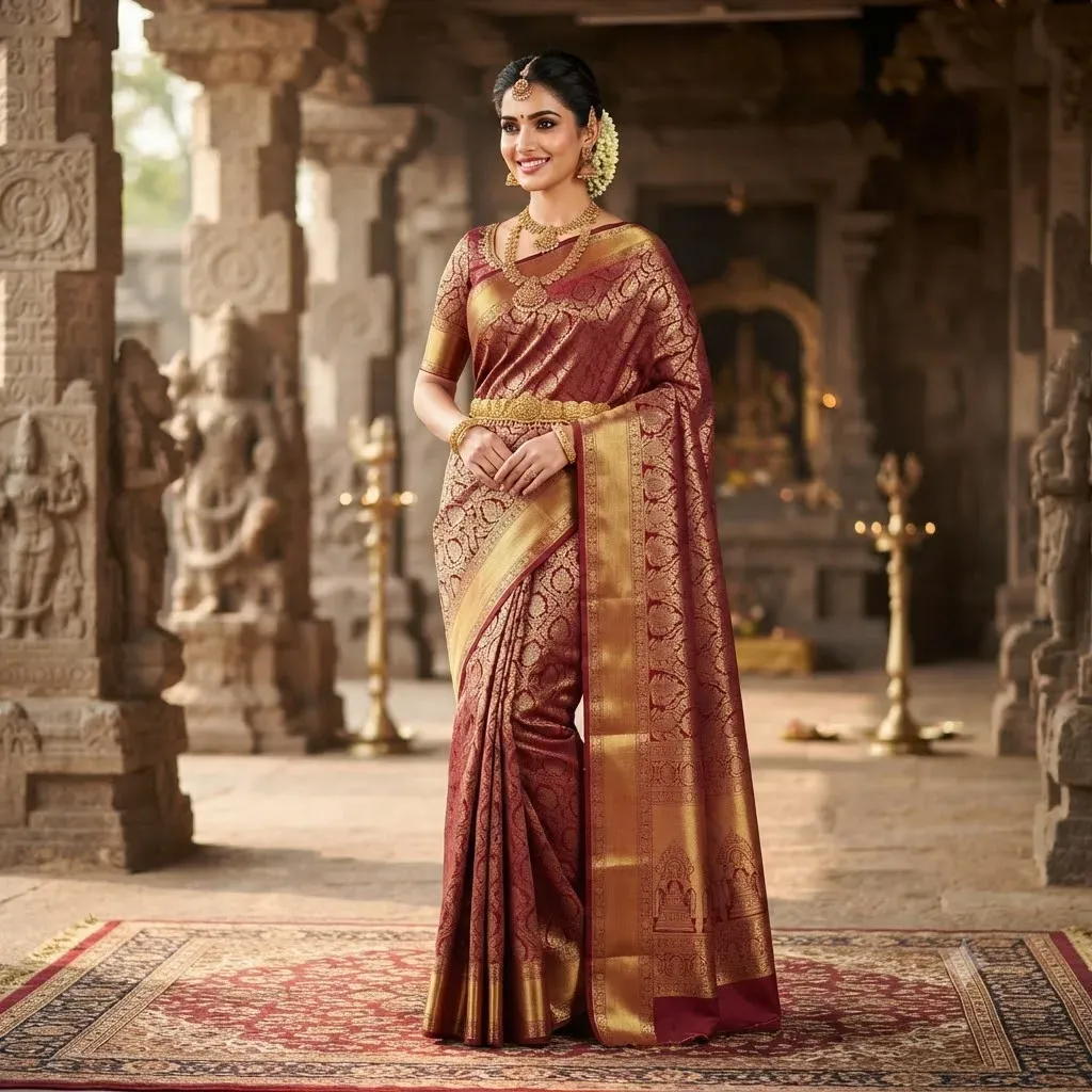 Tamirra Pure Silk Saree – Maroon Temple Zari – Tamirra Silks