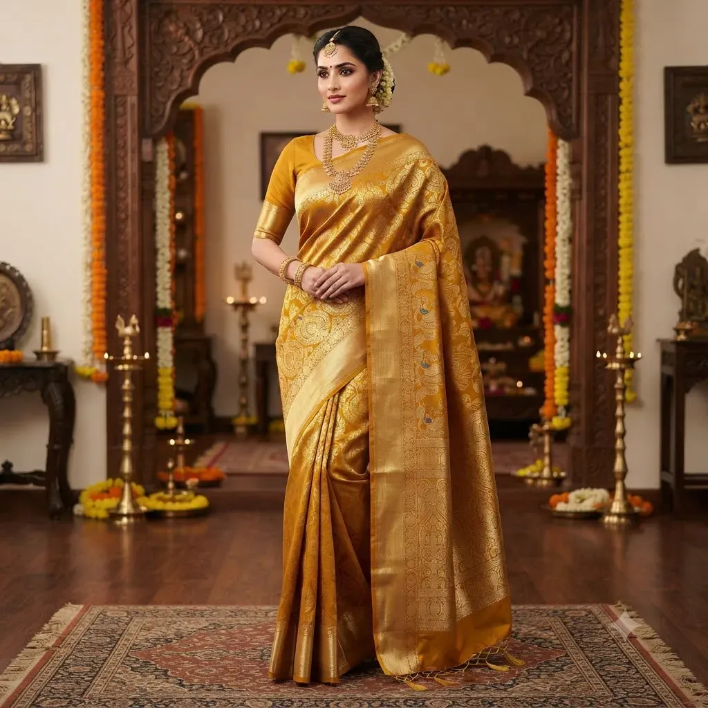 Tamirra Semi Silk Saree – Mustard Yellow Heritage Style – Tamirra Silks