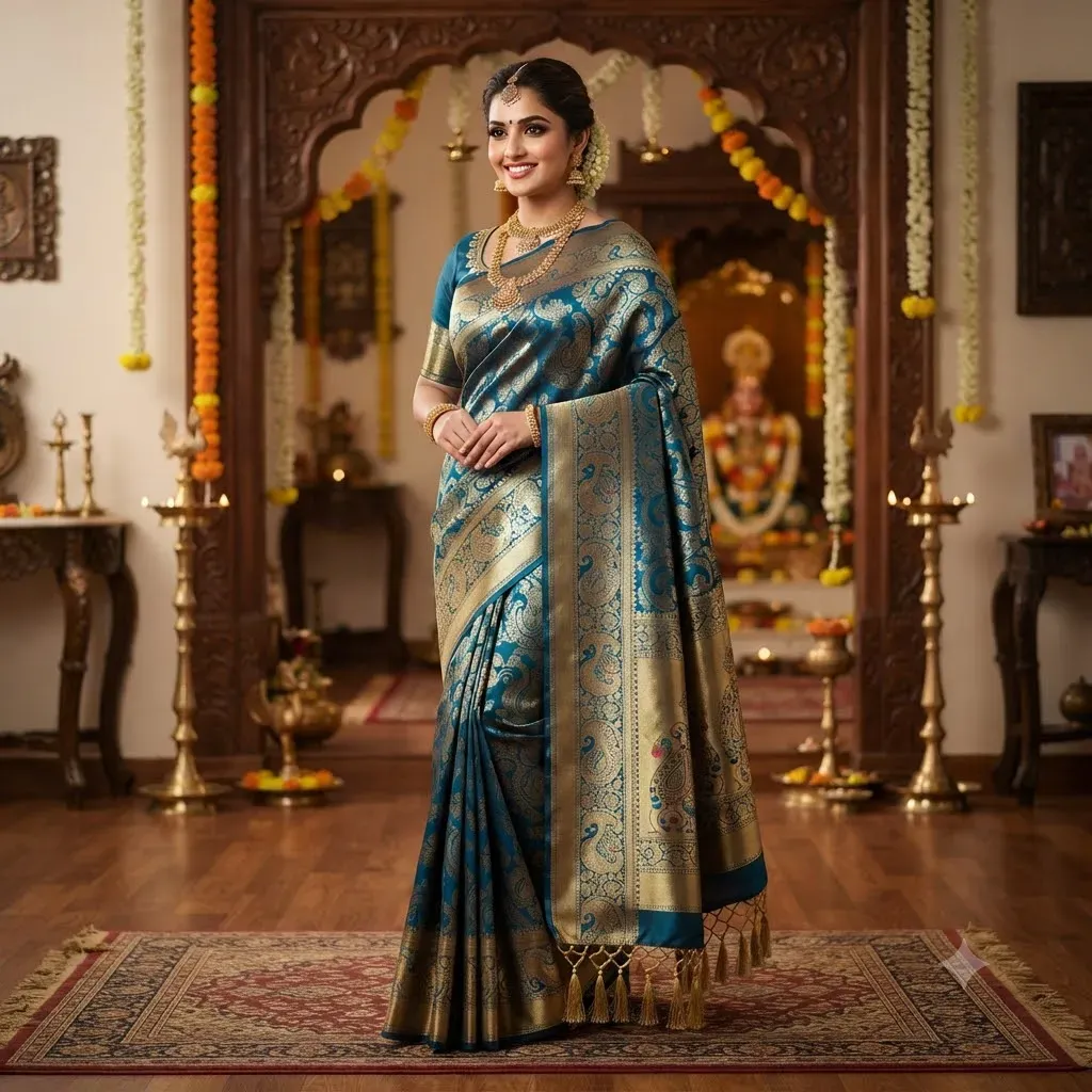 Tamirra Semi Silk Saree – Peacock Blue Zari – Tamirra Silks
