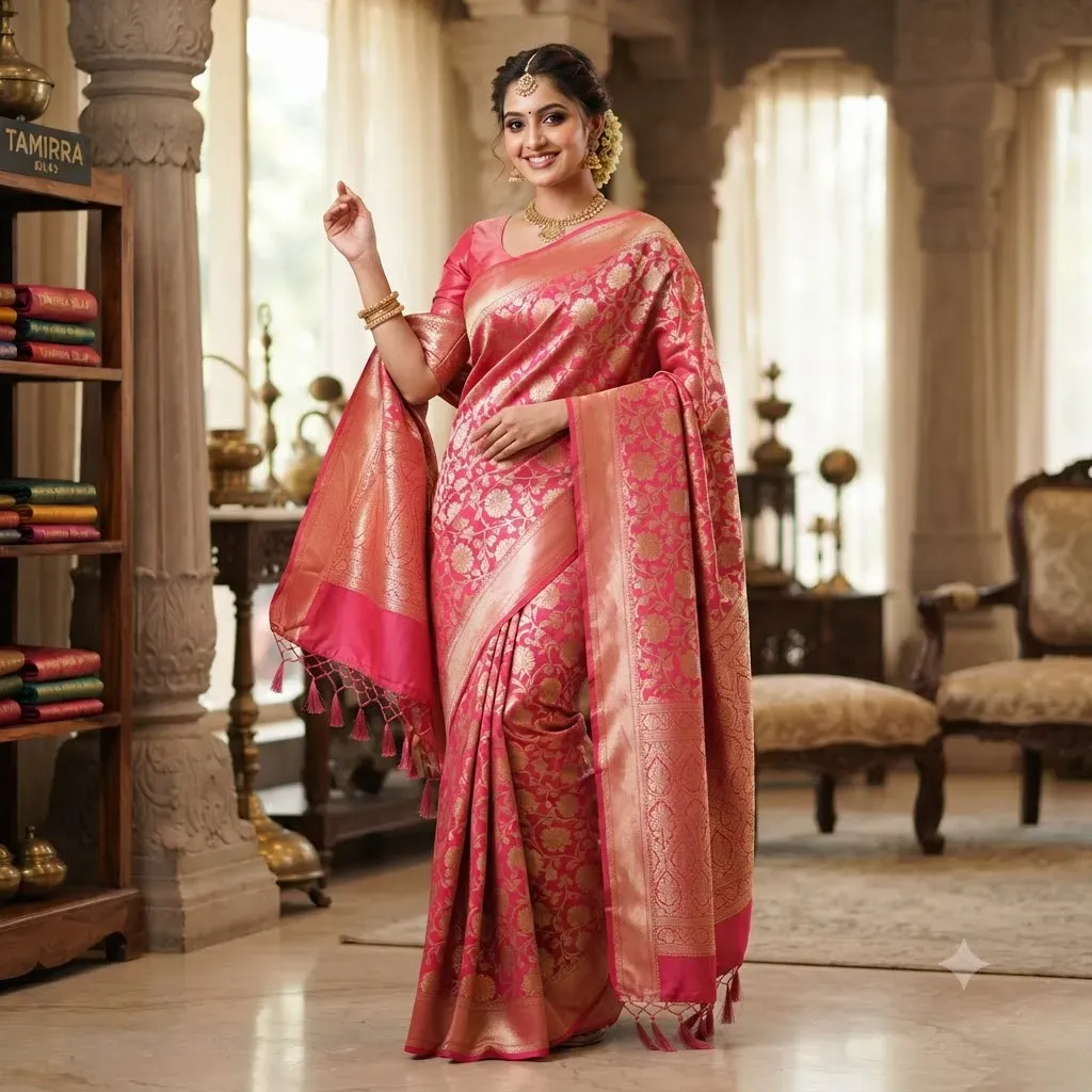 Tamirra Soft Silk Saree – Rose Pink Floral Weave – Silk Saree | New Arrival | Tamirra Silks