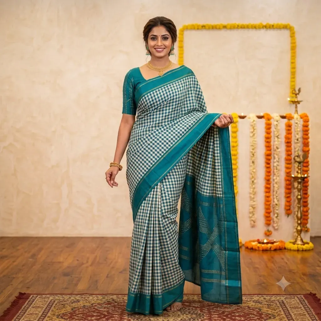 Gingham Style Modern Checked Cotton Saree – Cotton Saree | Tamirra Silks