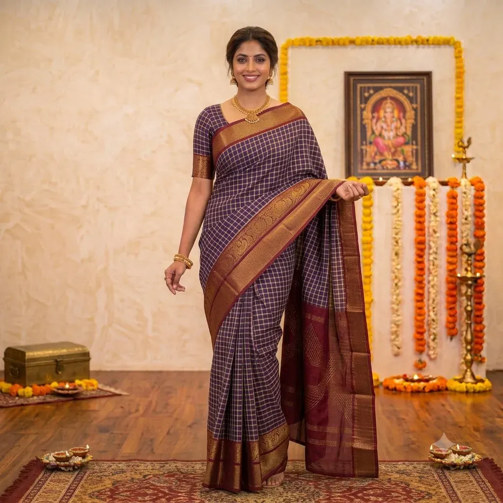 Madurai Grid Classic Checked Cotton Saree – Cotton Saree | Tamirra Silks