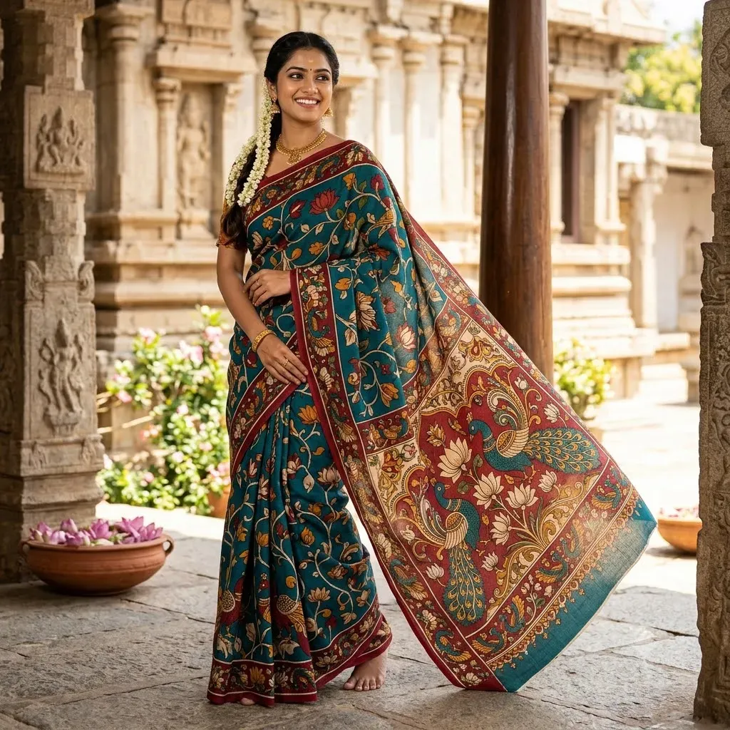 Peacock & Lotus Motif Kalamkari Cotton Saree – Cotton Saree | Tamirra Silks