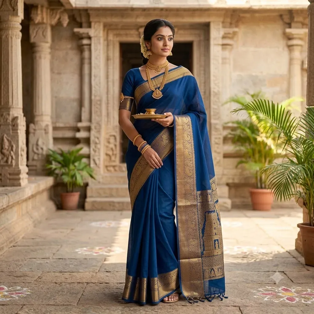 Kanchipuram Traditional Temple Border Cotton Saree – Tamirra Silks