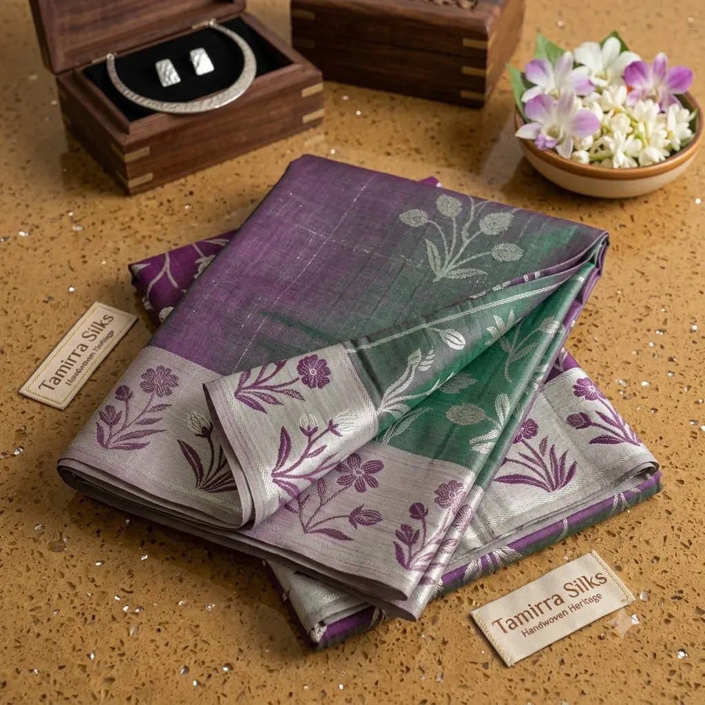 Dual-Tone Shimmer Silk Cotton Saree – Tamirra Silks